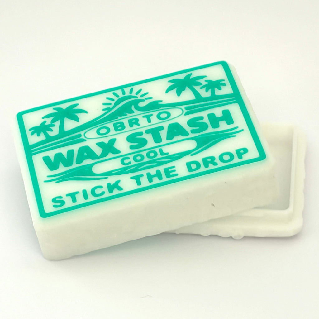Wax stash container with green label on a white background
