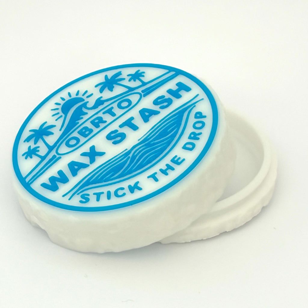 Wax stash container with blue branding on a white background