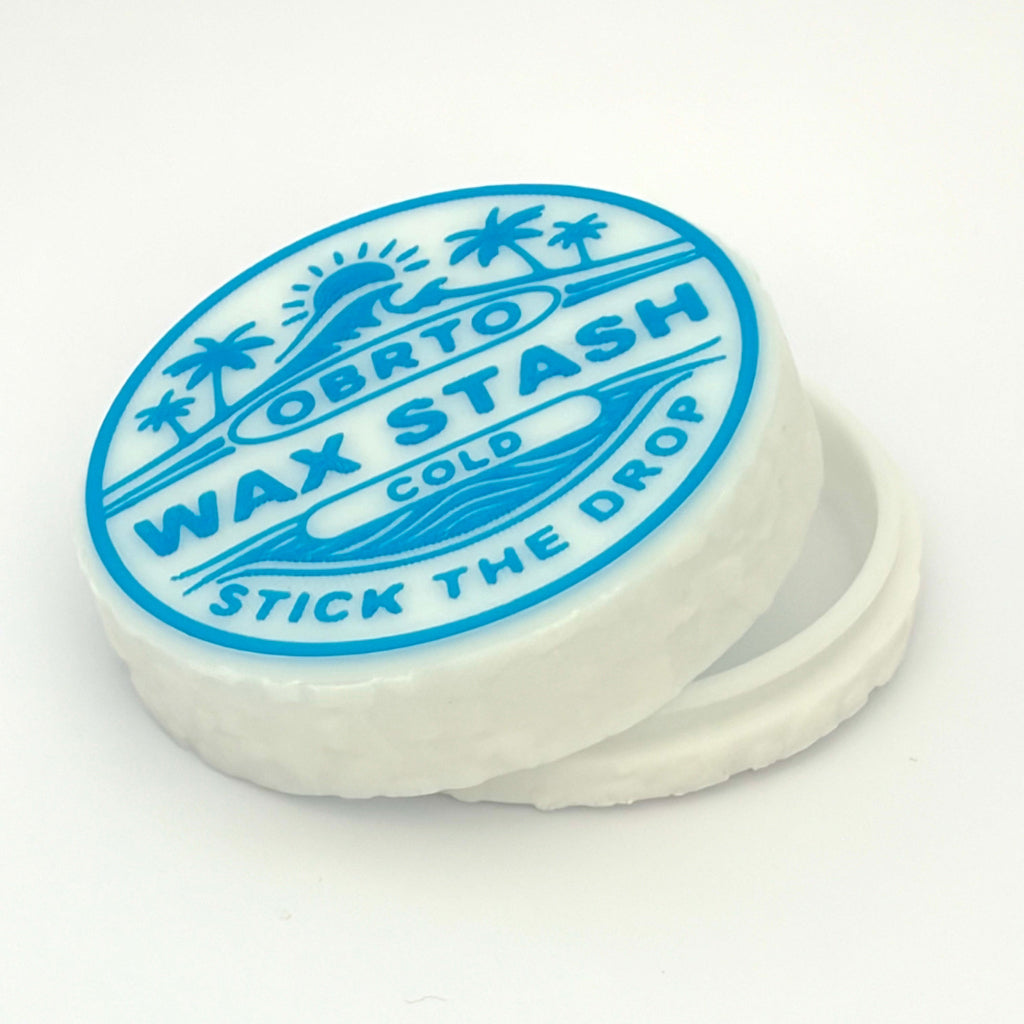 Wax stash container with blue label on a white background