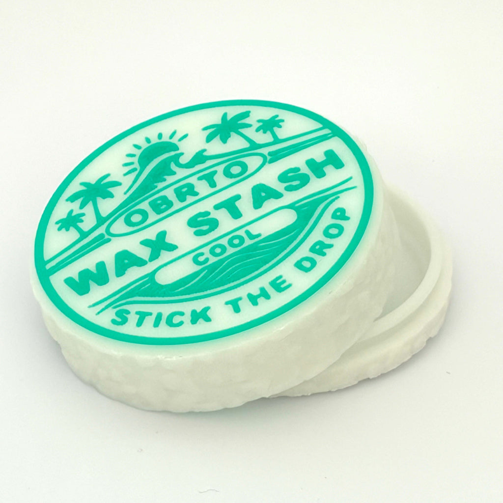 Wax stash container with green branding on a white background