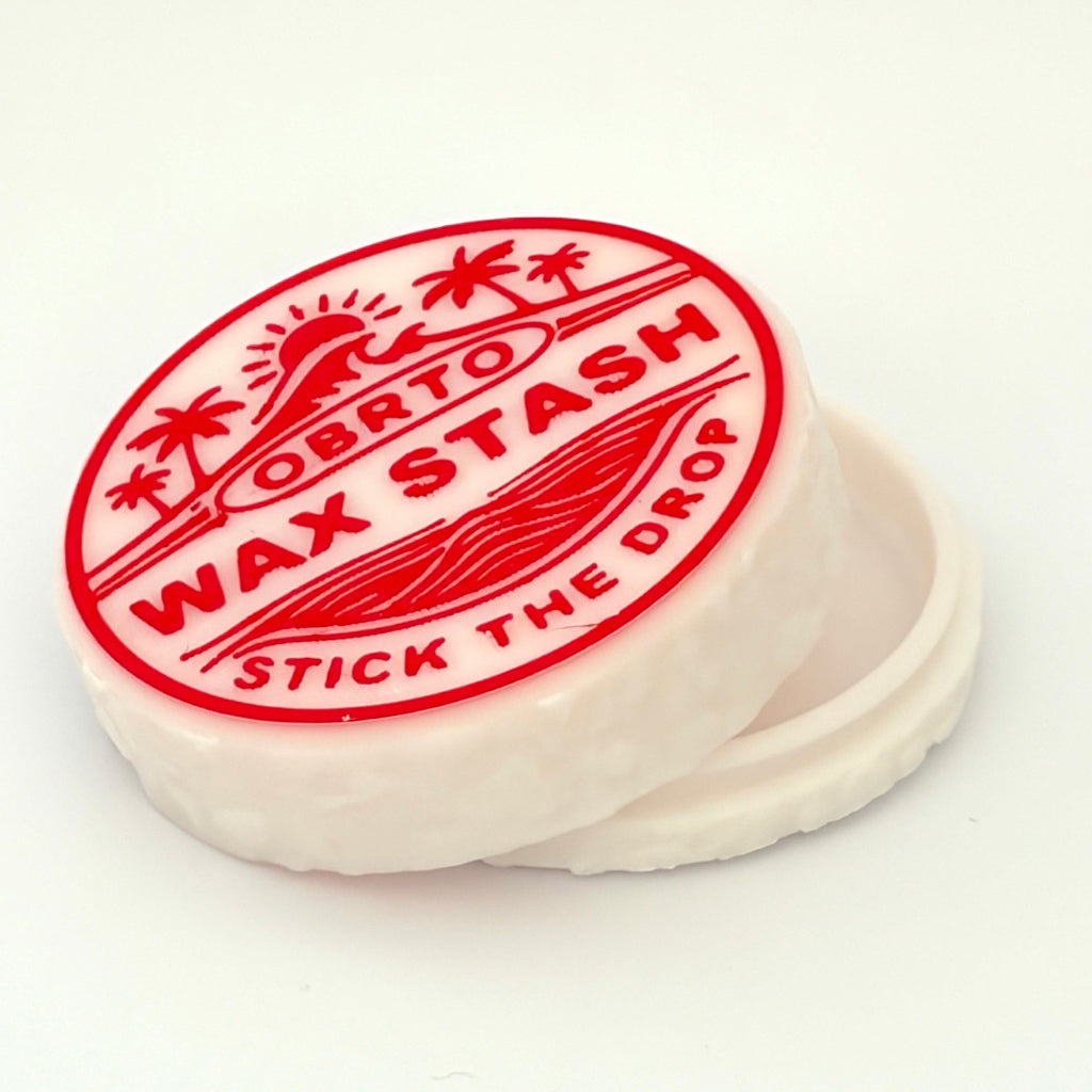 Wax stash container with red branding on a white background
