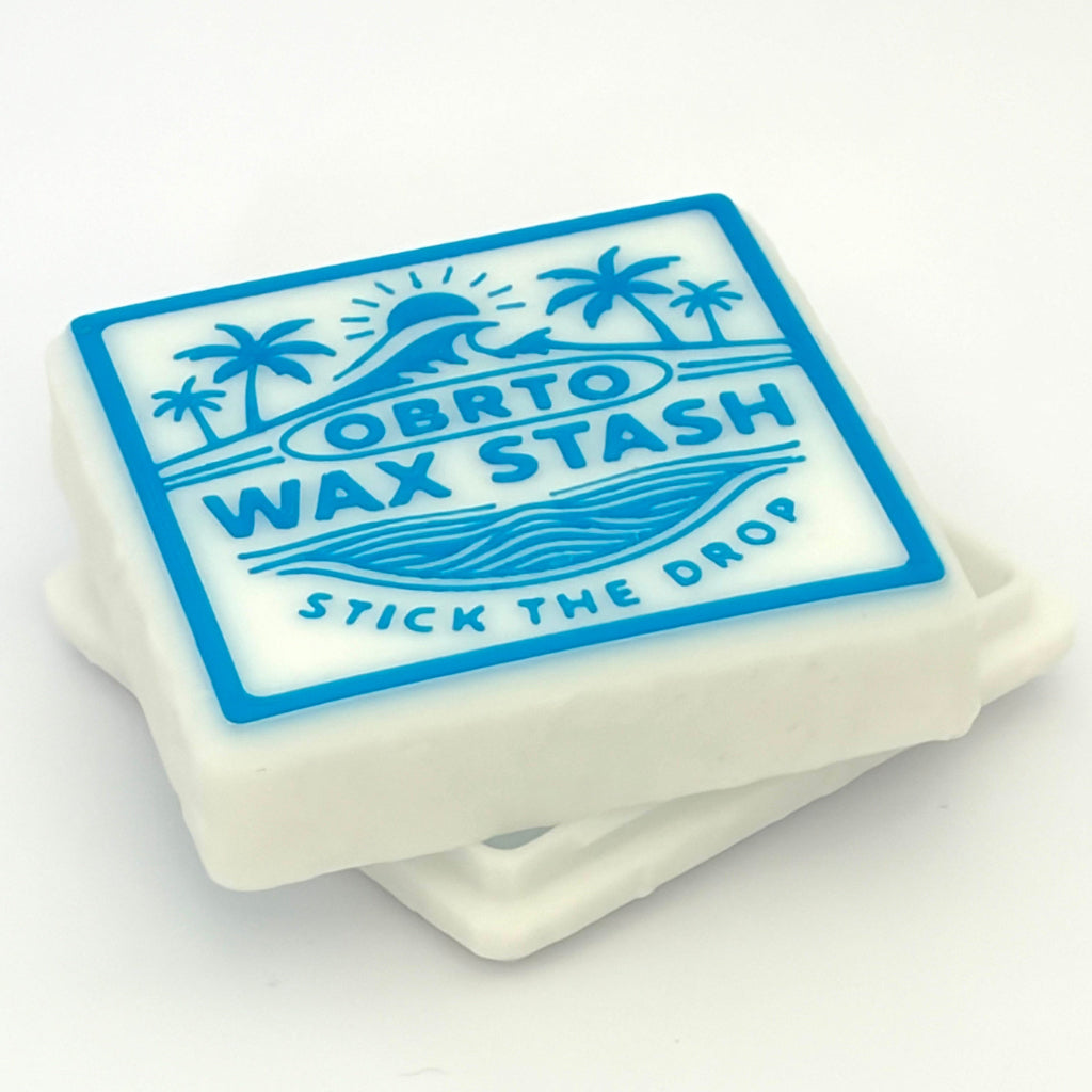 White wax stash container with blue logo on a white background
