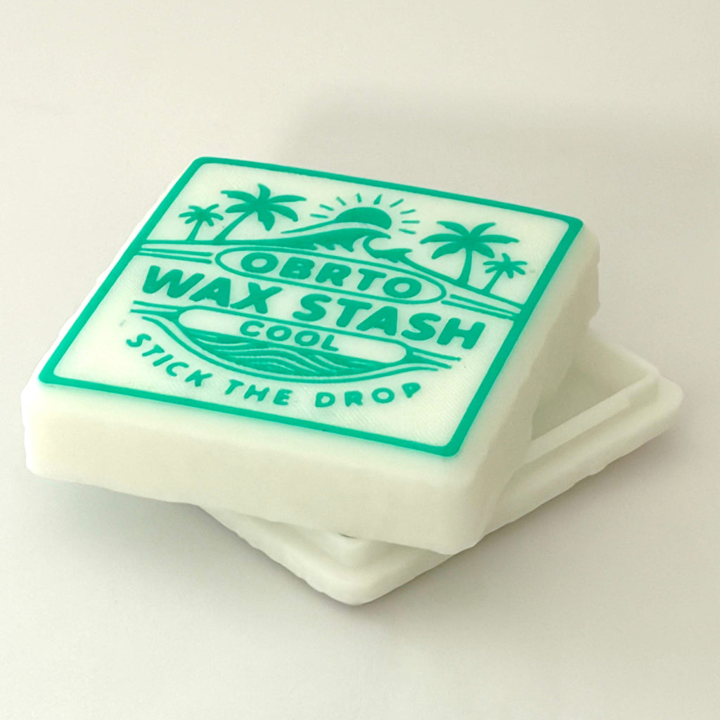 Wax stash container with green label on a white background