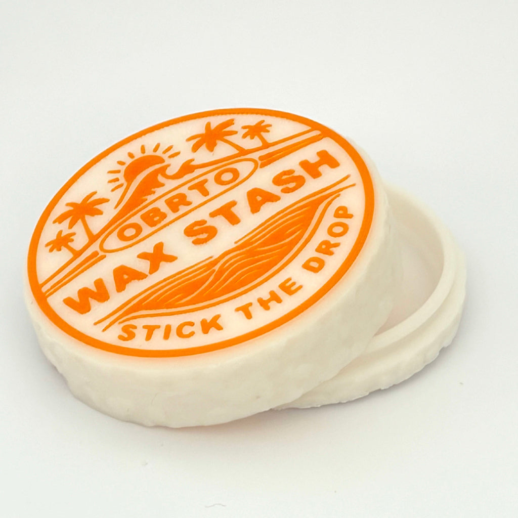Wax stash container with orange branding on a white background