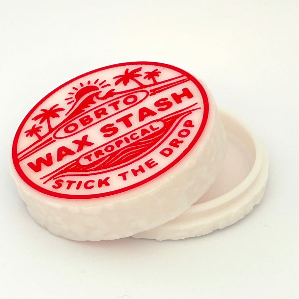 Wax stash container with red branding on a white background