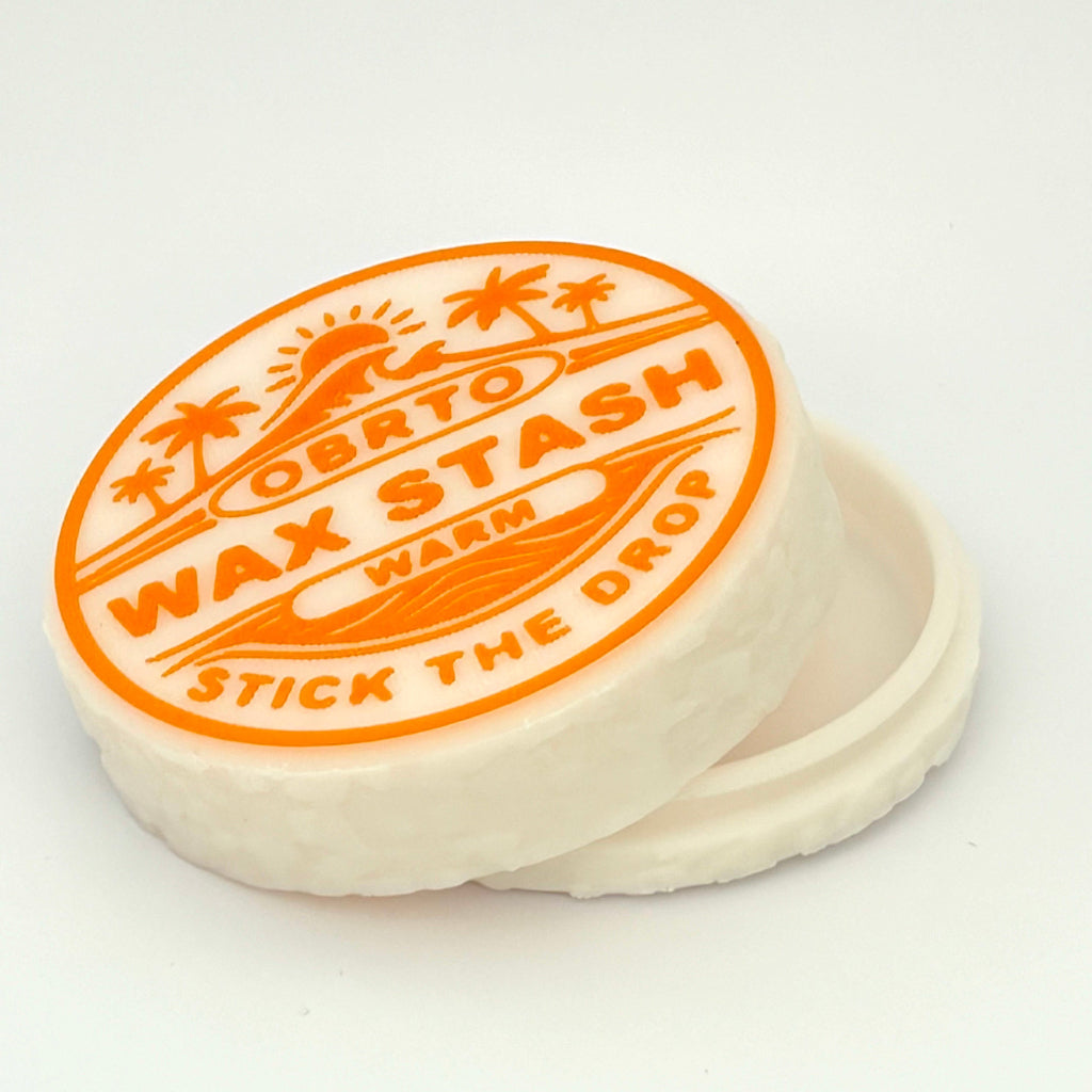 Wax stash container with orange branding on a white background