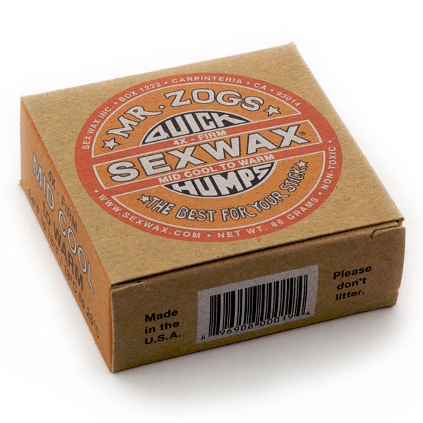 Mr. Zog’s Sex Wax mid warm surf wax orange quick humps 18 to 26 degrees