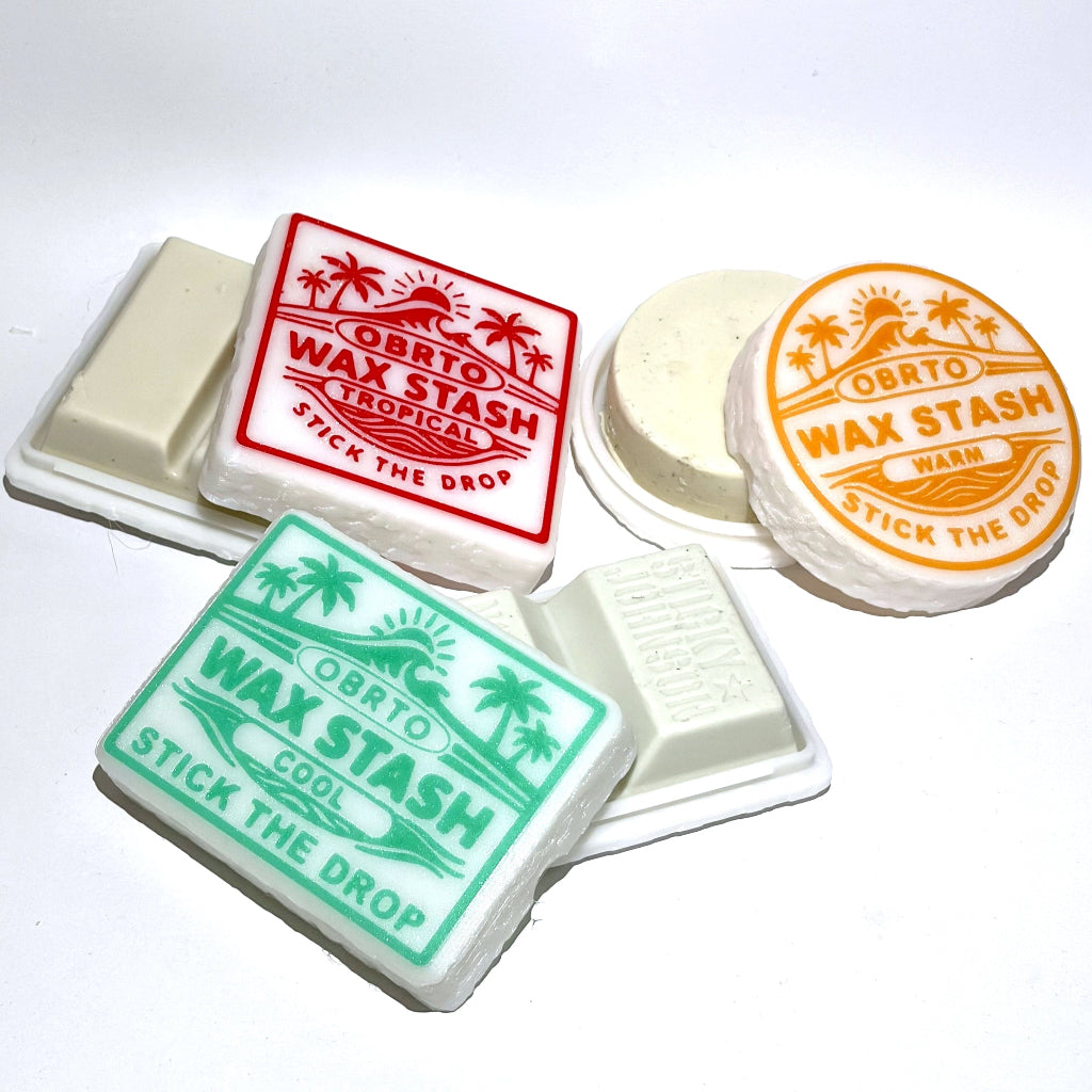 OBRTO Wax Stash surf wax containers in Round, Square and Rectangle shapes with temperature labels